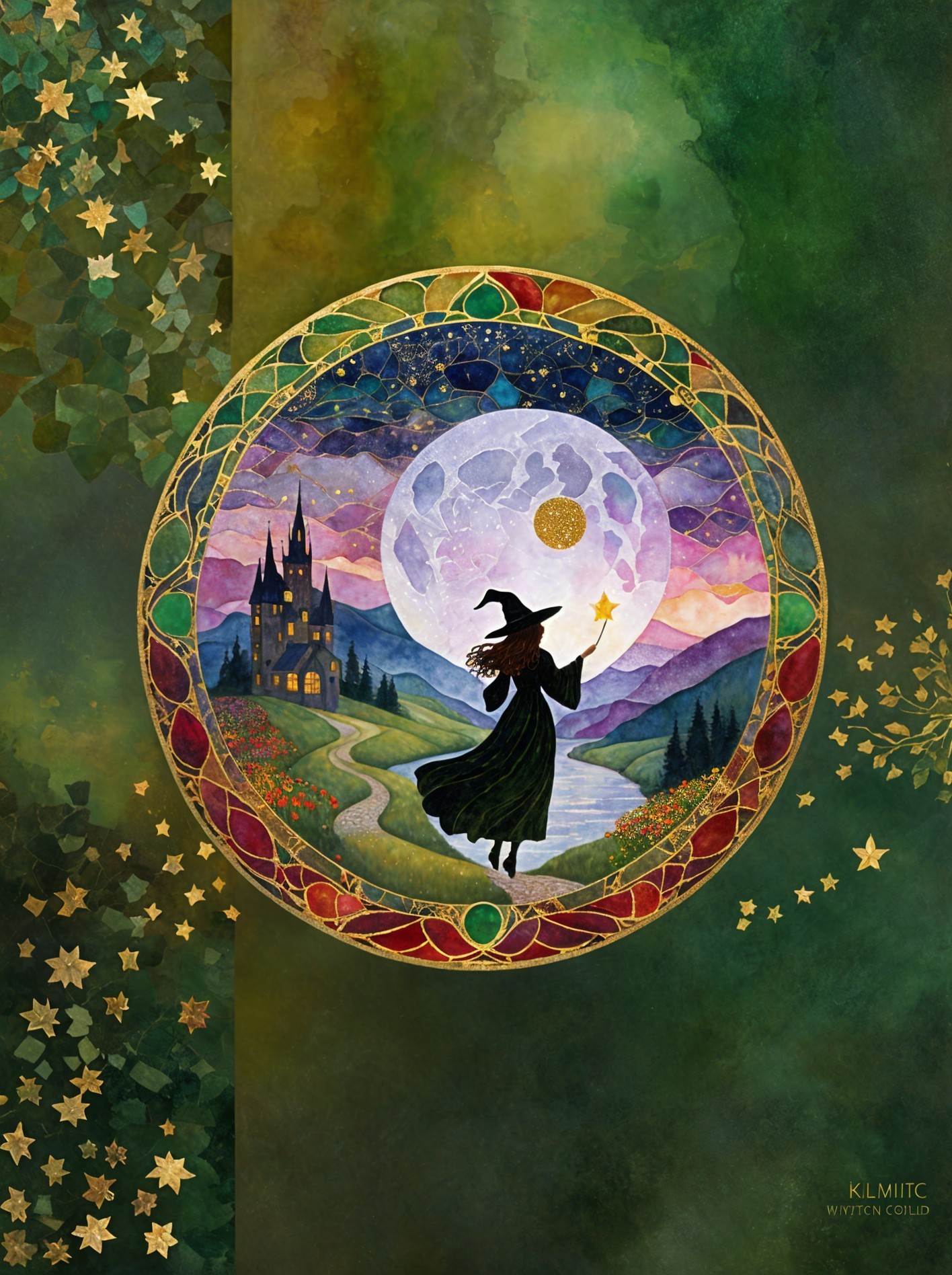 Whimsical Witch Silhouette Against Vibrant Night Sky