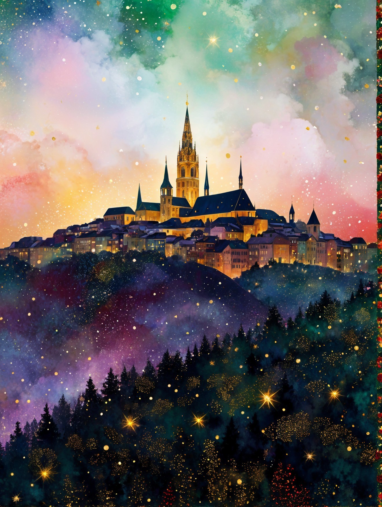 Mystical Castle Surrounded by Vibrant Skies and Forests