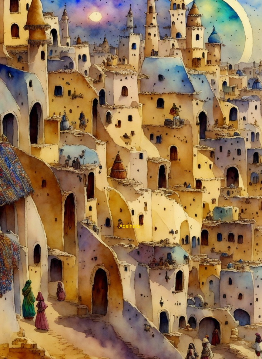 Whimsical Village with Unique Architecture at Night