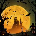 Whimsical Witch Flying Against Glowing Orange Moon