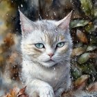White Cat with Blue-Green Eyes Under Black Umbrella