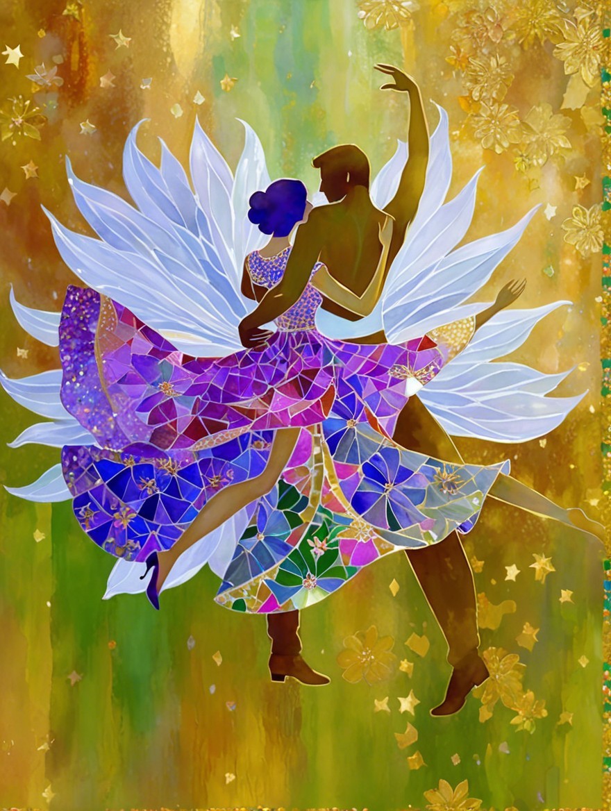 Vibrant Dance Scene with Colorful Mosaic Patterns