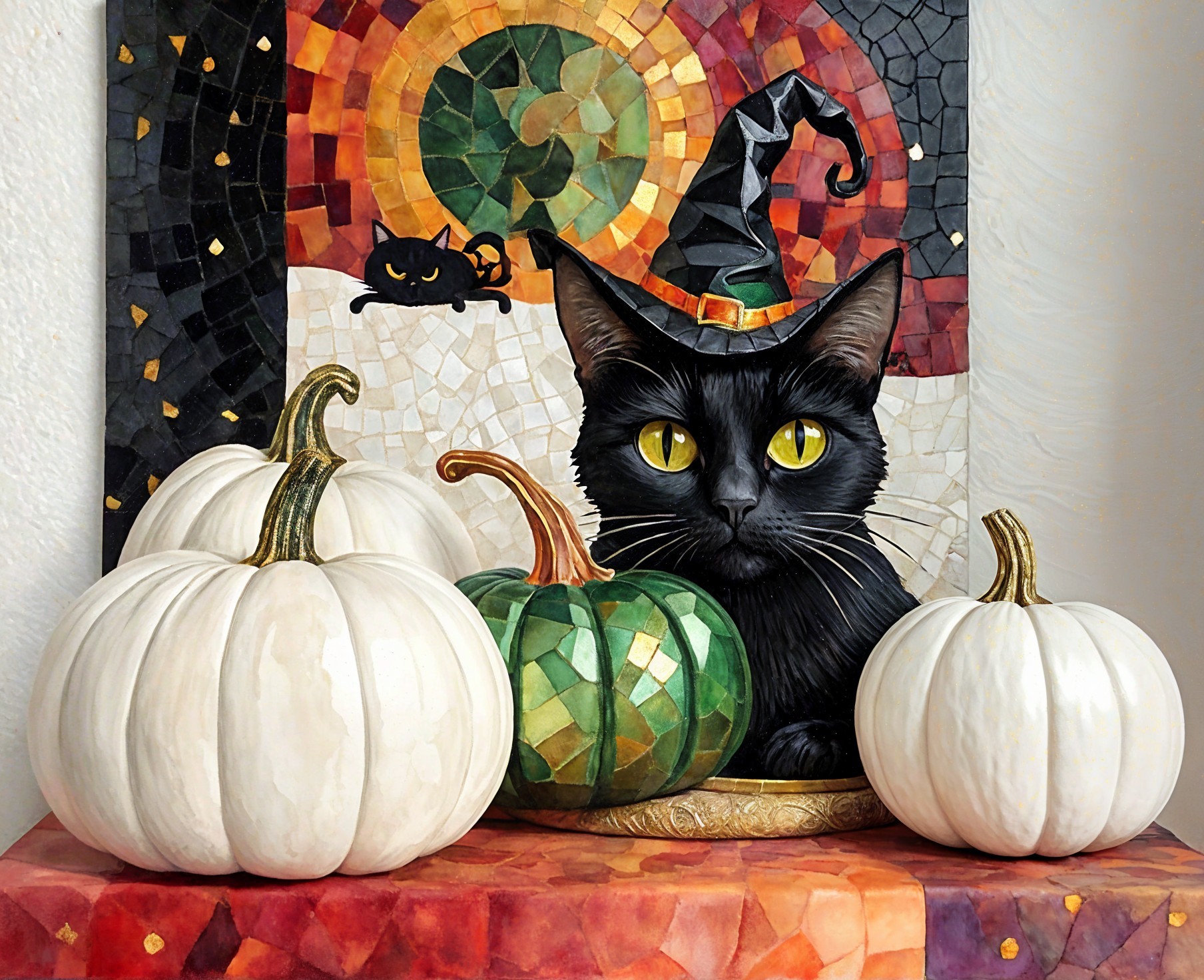 Whimsical Black Cat with Pumpkins and Mosaic Backdrop