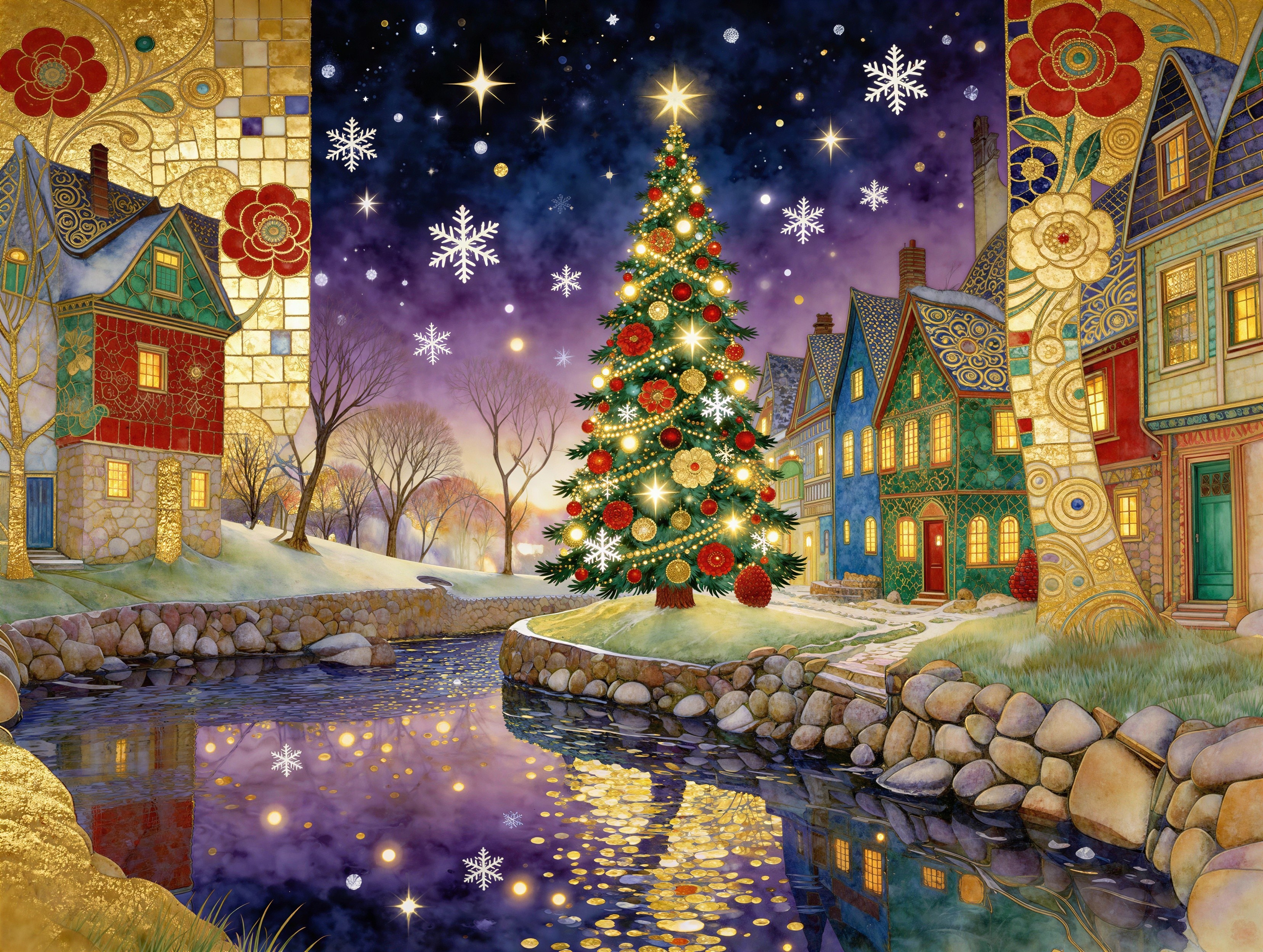 Vibrant Christmas Town Scene with Snow and Lights