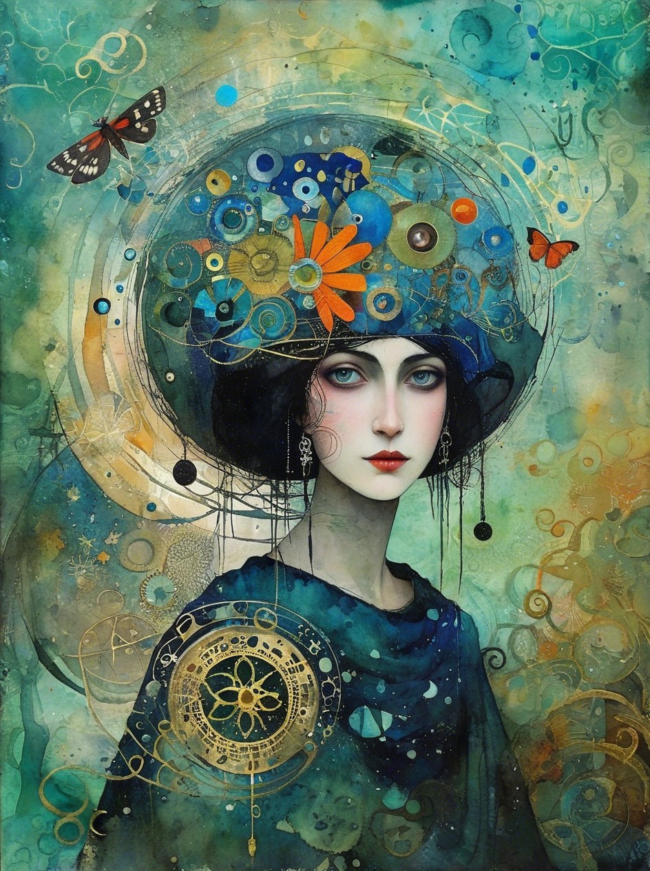 Serene Woman with Blue Headdress and Cosmic Elements
