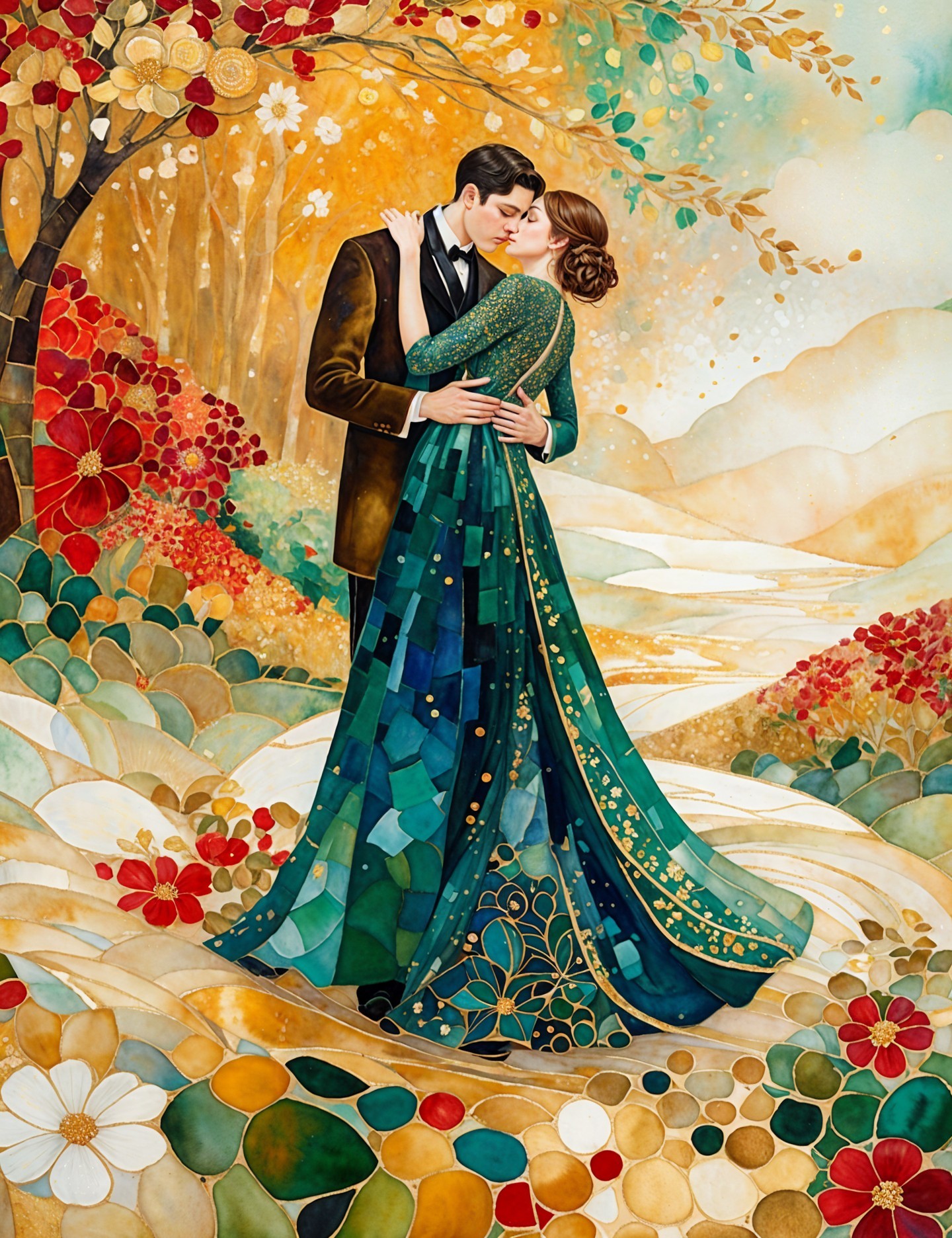 Romantic Embrace Amidst Autumn Landscape and Flowers
