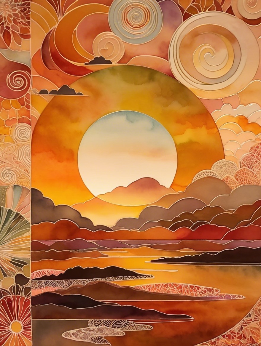 Vibrant Sunset Scene with Abstract Patterns and Shapes
