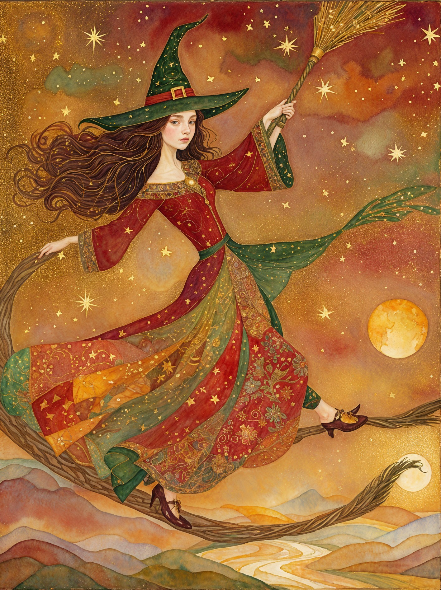 Whimsical Witch Flying in Starry Twilight Sky
