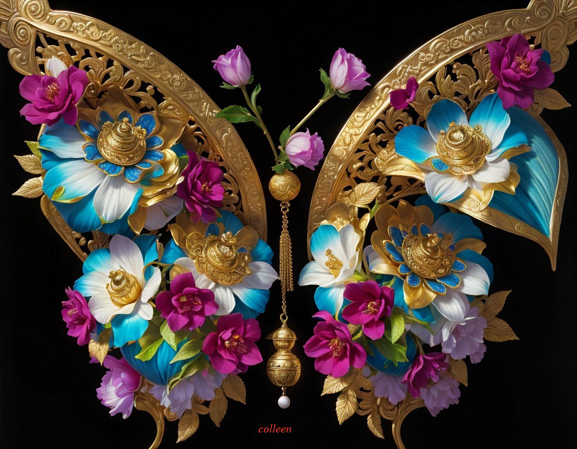 Ornate Golden Sculpture with Colorful Floral Designs