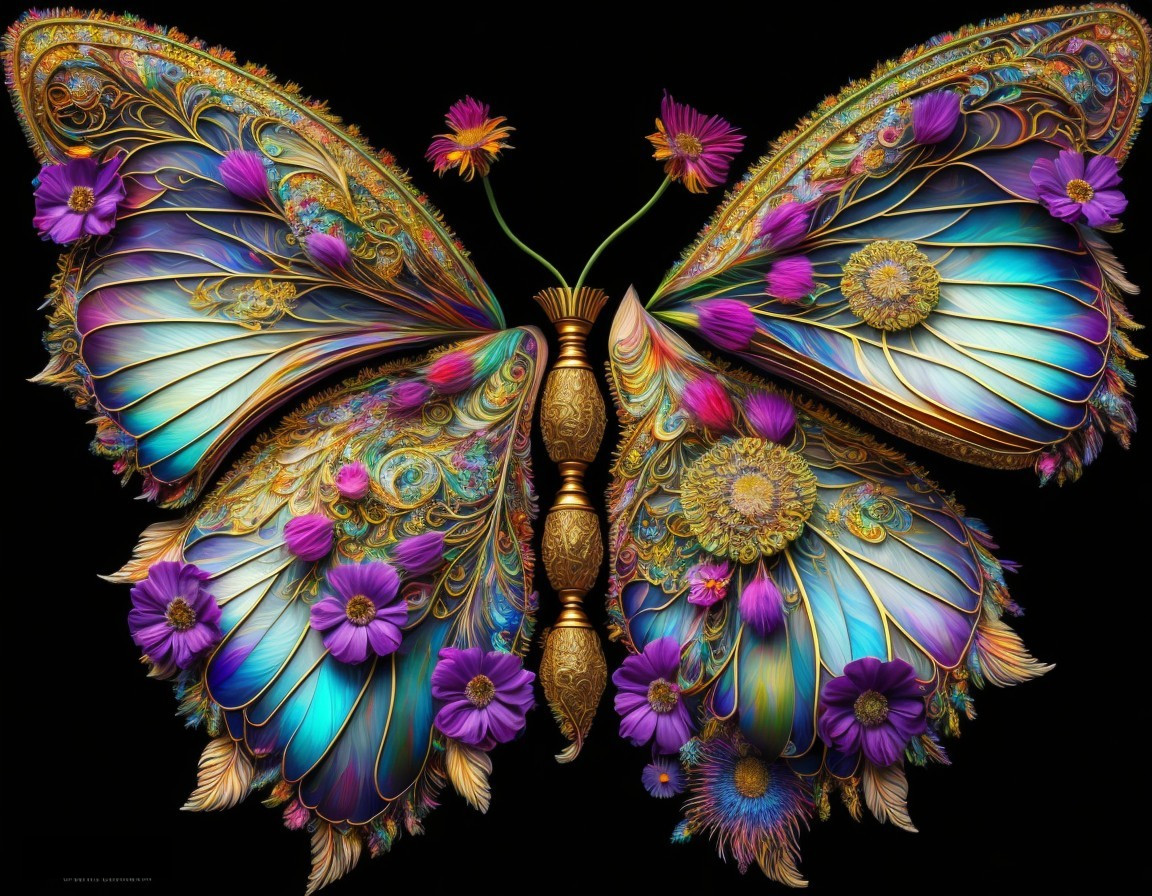 Intricate Butterfly with Floral Patterns on Black Background