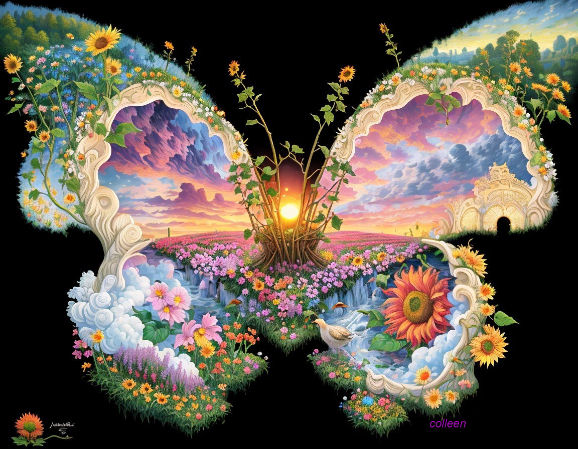 Whimsical Sunset Artwork with Butterfly Wing Frame