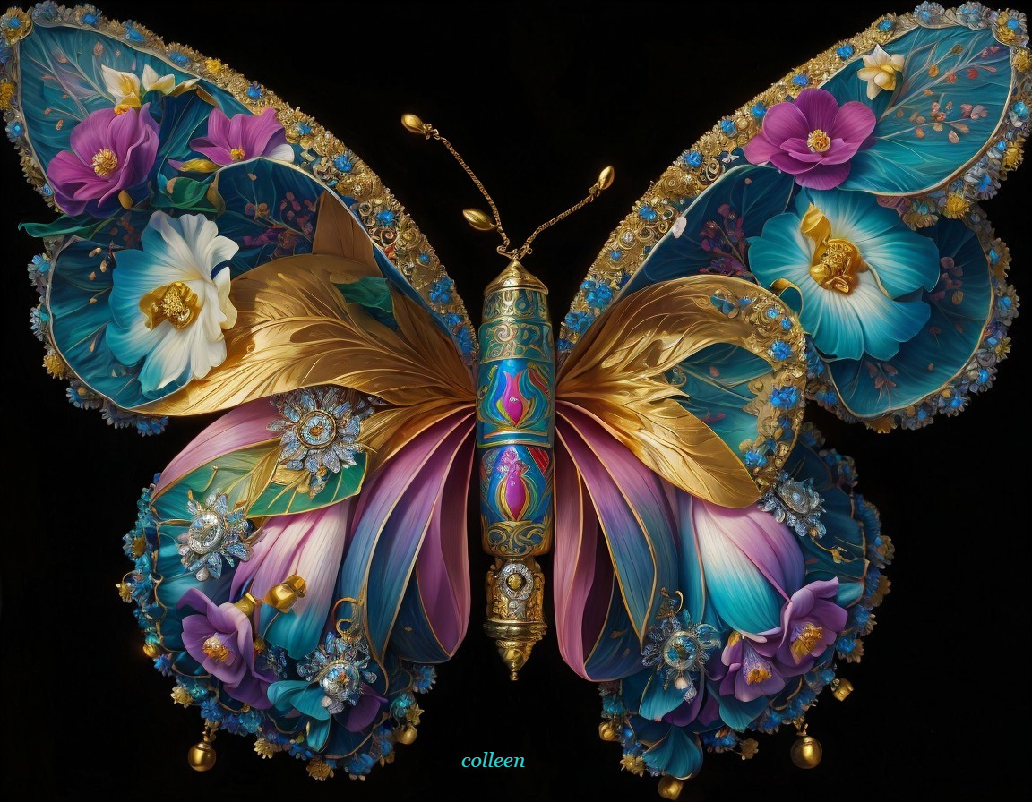 Ornate Butterfly Design with Floral Patterns and Gold