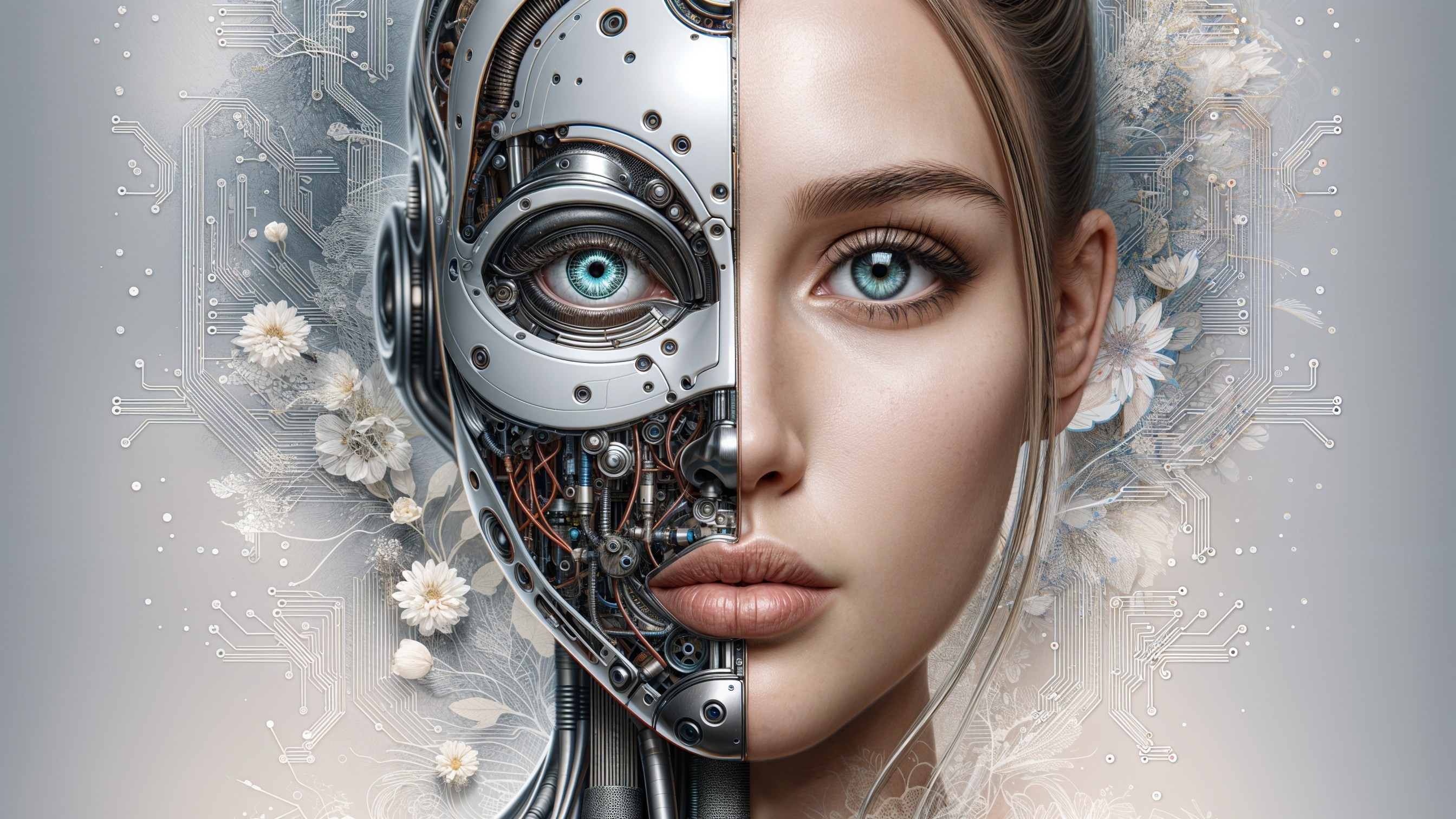 Futuristic Split Face of Robot and Human Woman