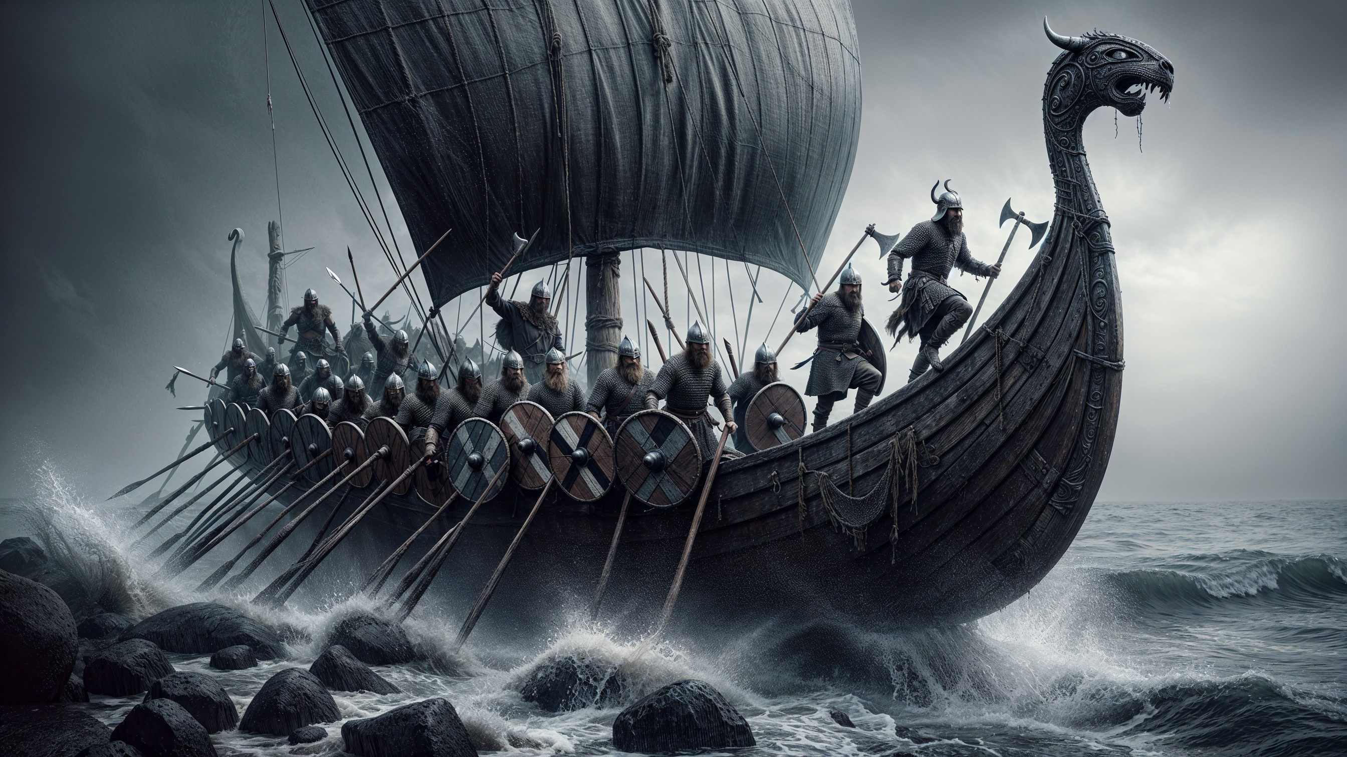 Viking Longship Navigating Turbulent Waters with Warriors