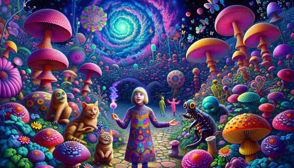 Psychedelic Landscape with Child and Whimsical Creatures