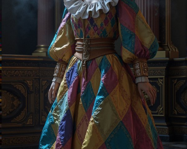 Vibrant Harlequin Dress in Ornate Dimly Lit Room
