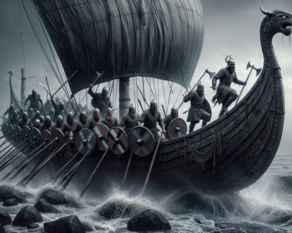 Viking Longship Navigating Turbulent Waters with Warriors