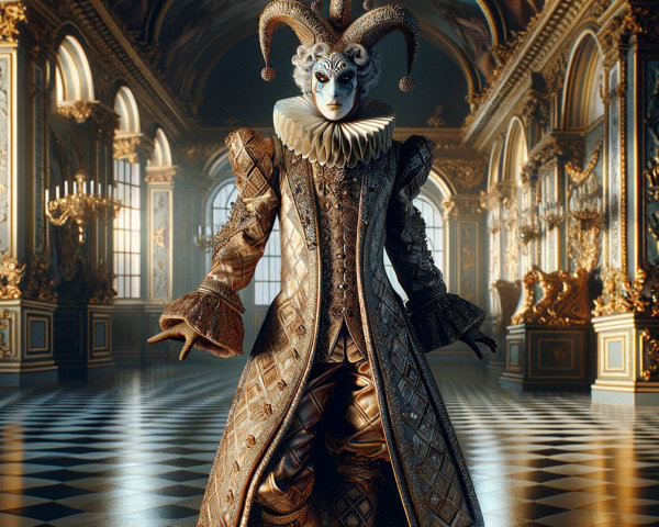 Jester in Elaborate Costume in Lavish Hall Setting