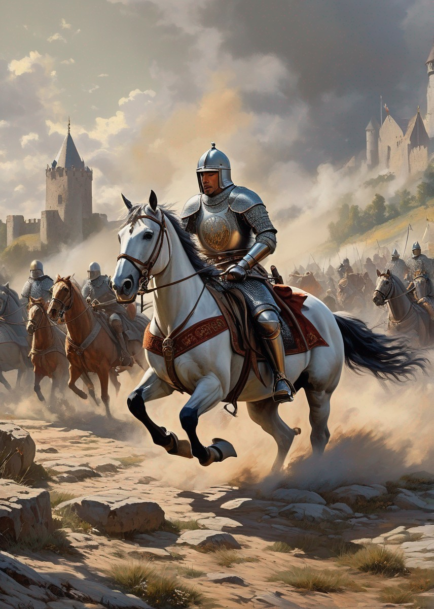 Knight in Armor Leading Cavalry Charge Near Castle