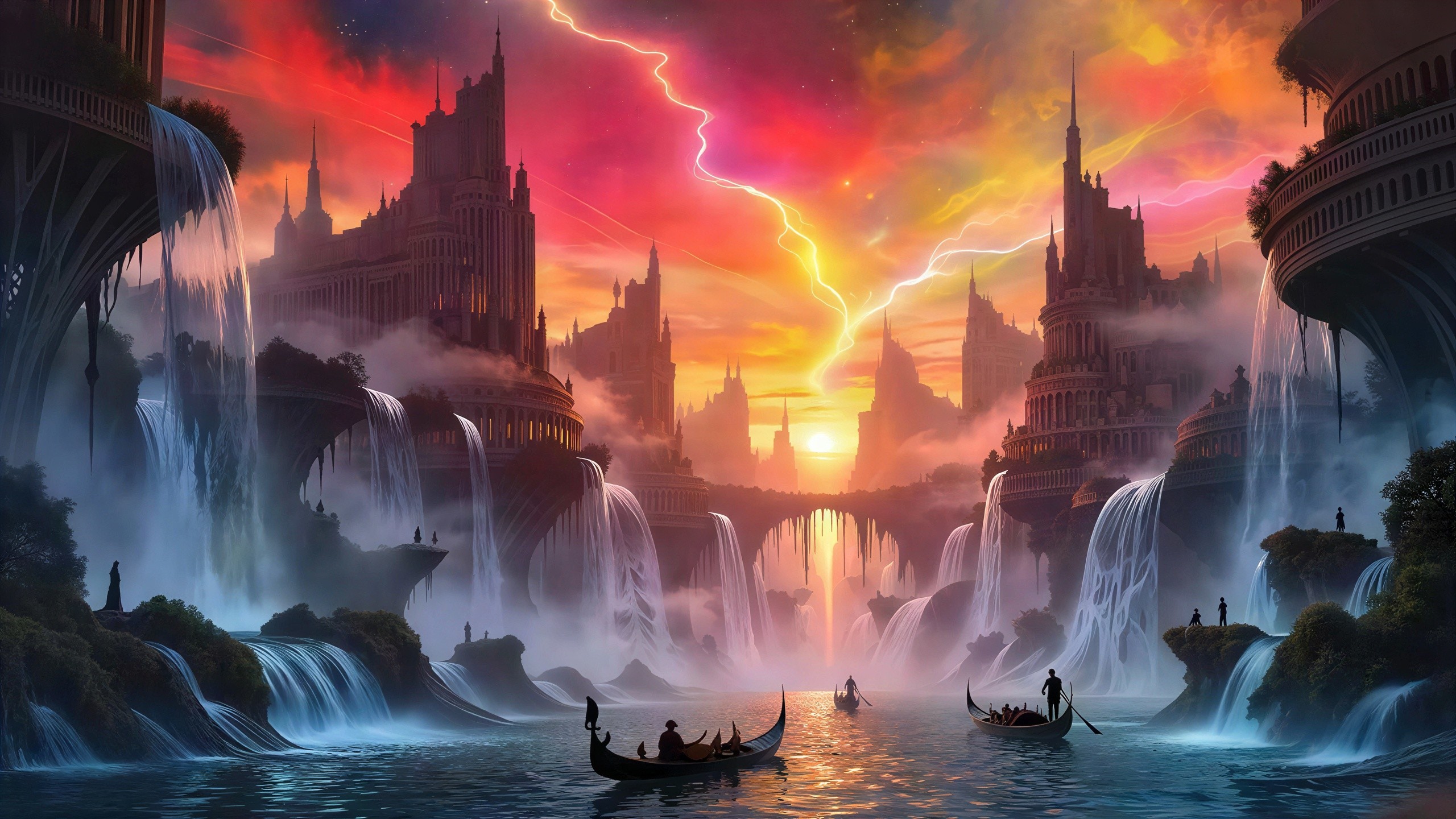Fantastical city with waterfalls and glowing river at sunset