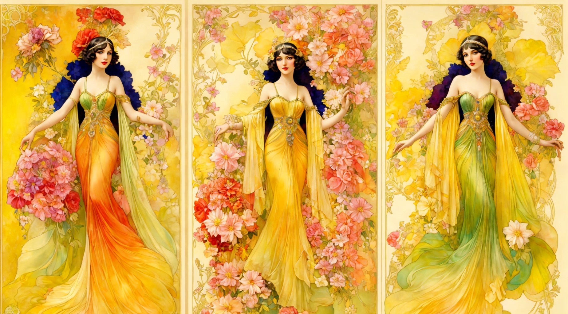 Art Panels of a Woman in Floral Gowns
