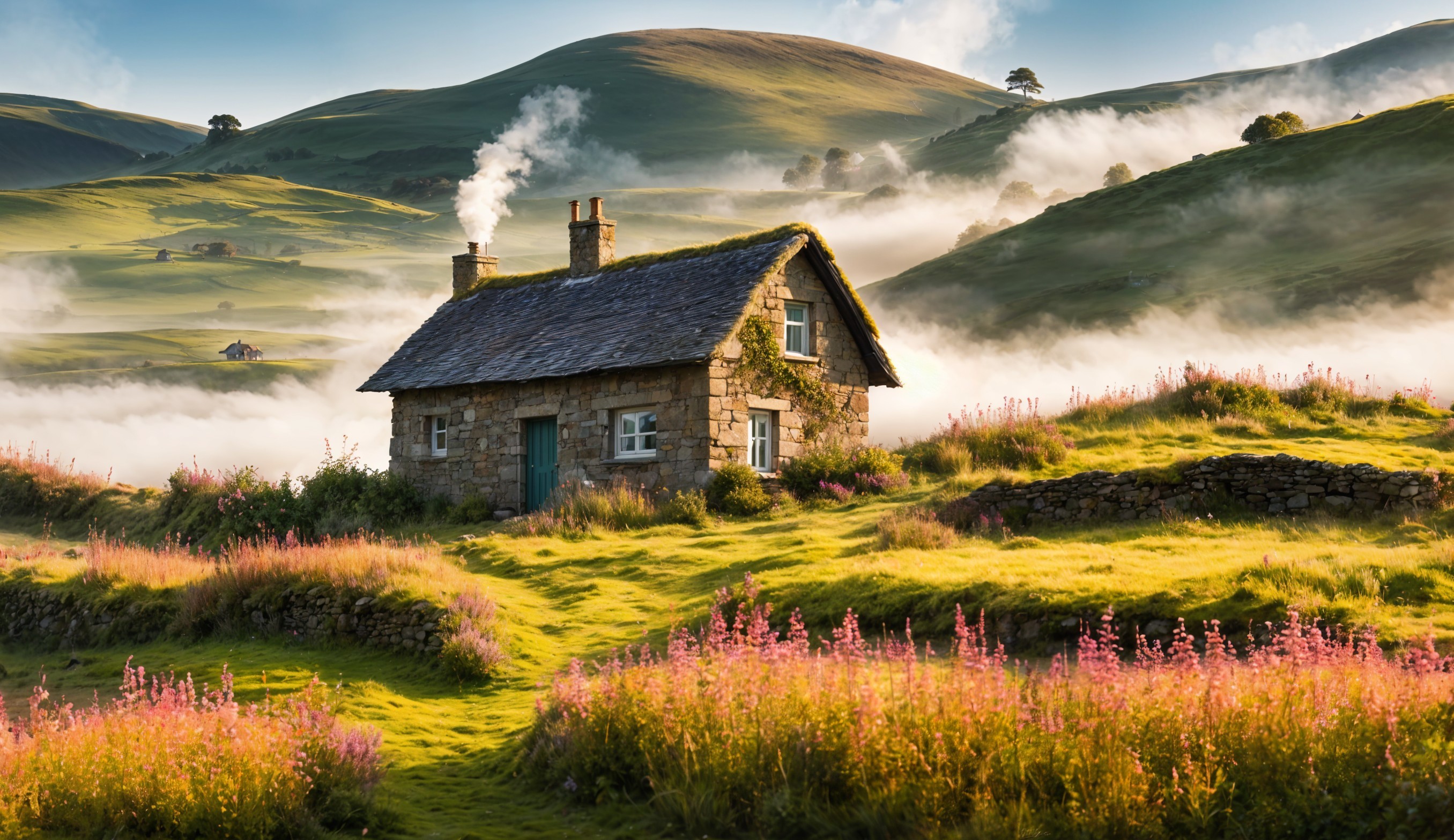 Stone Cottage in Lush Green Hills with Wildflowers