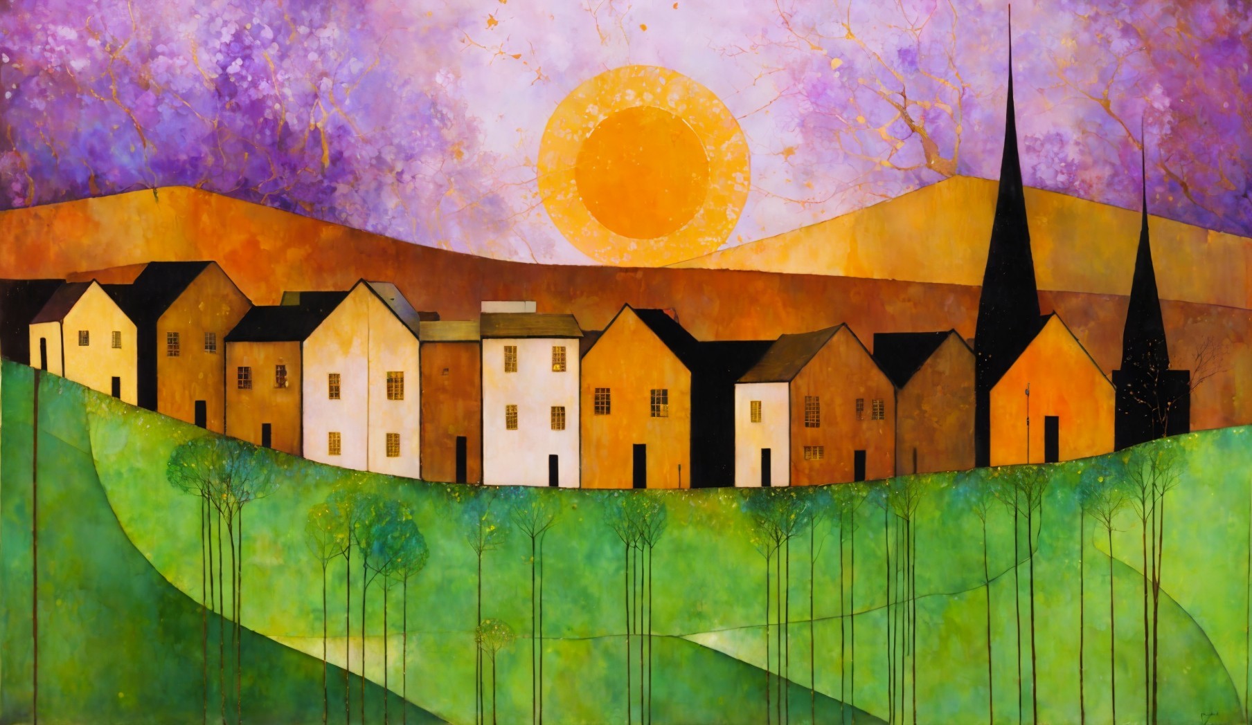 Vibrant Abstract Landscape of a Charming Village