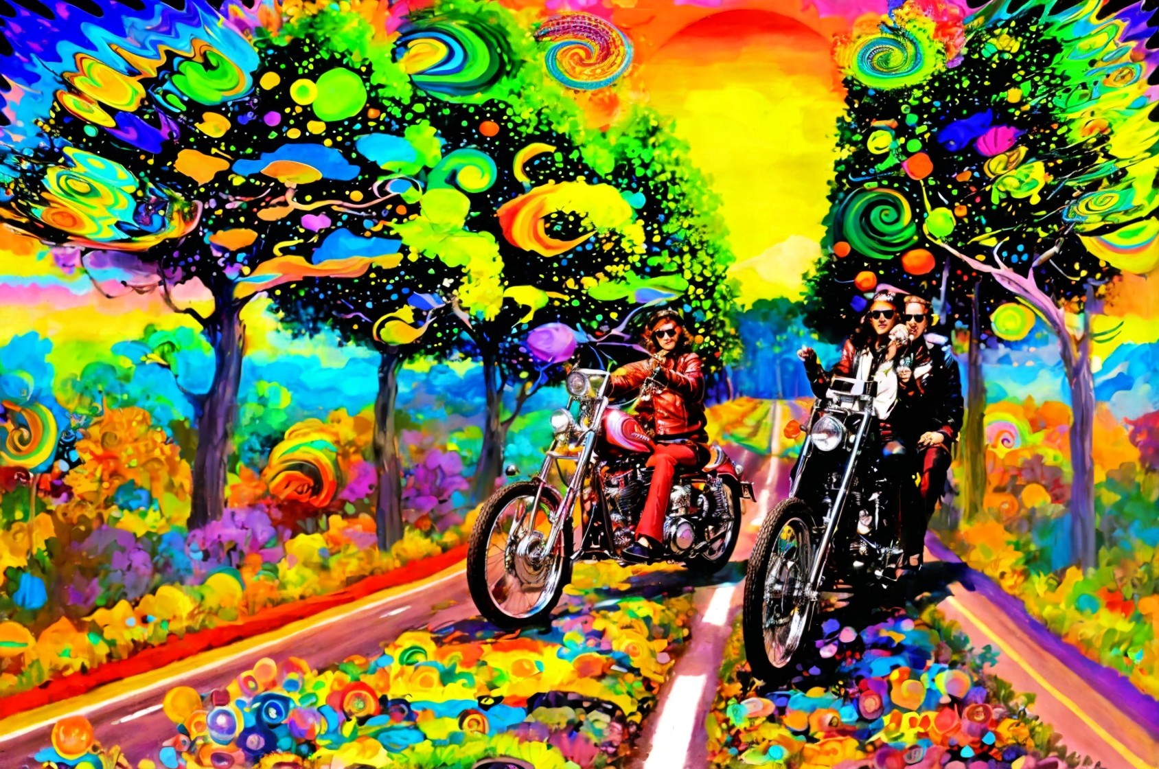 Psychedelic Landscape with Motorcyclists and Abstract Trees