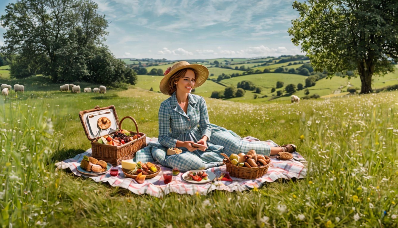 Woman in Blue Dress Picnicking in Scenic Field