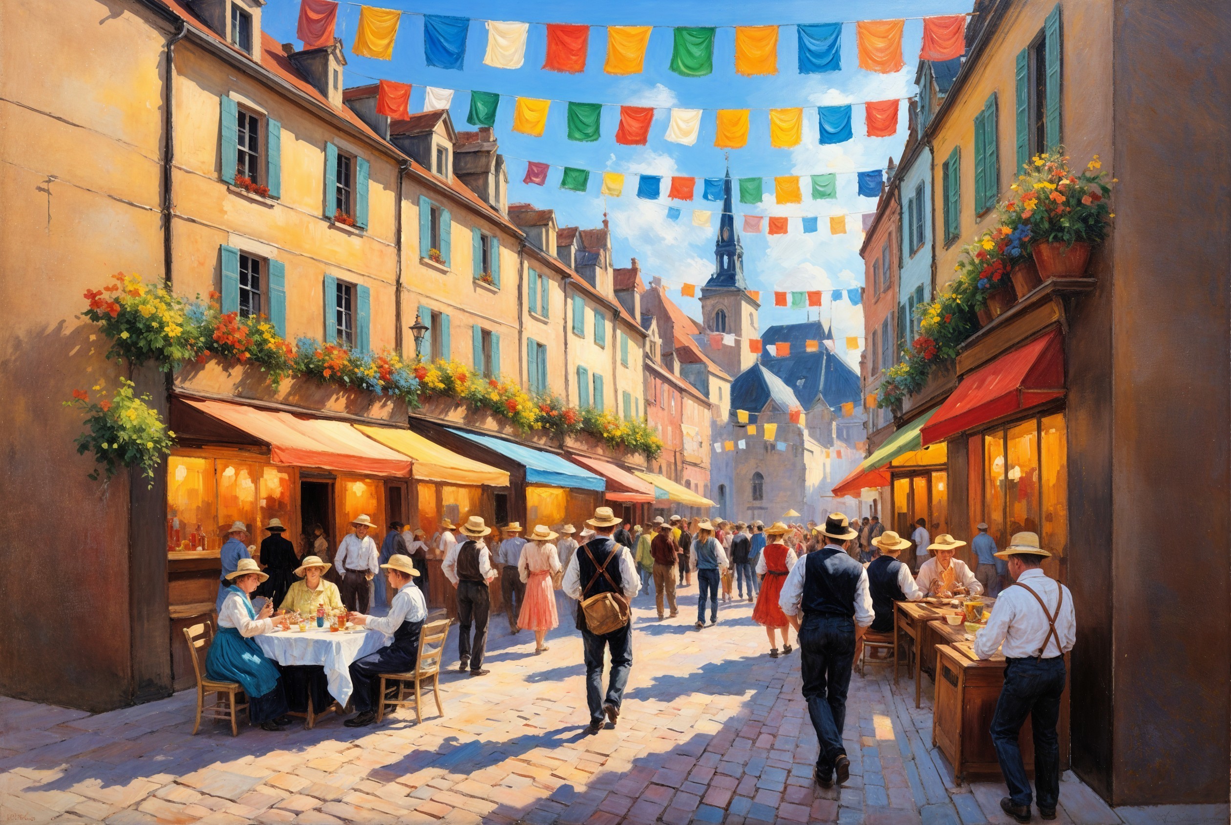 Vibrant Town Square with Colorful Flags and Cafés