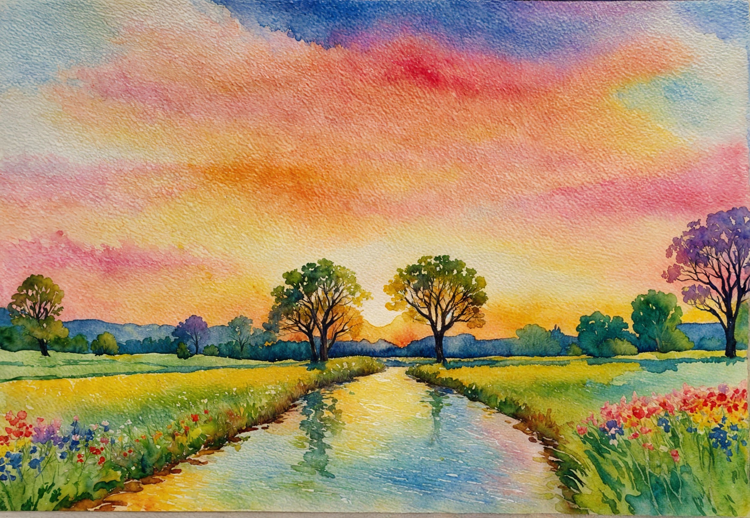Watercolor Landscape of River at Sunset with Trees