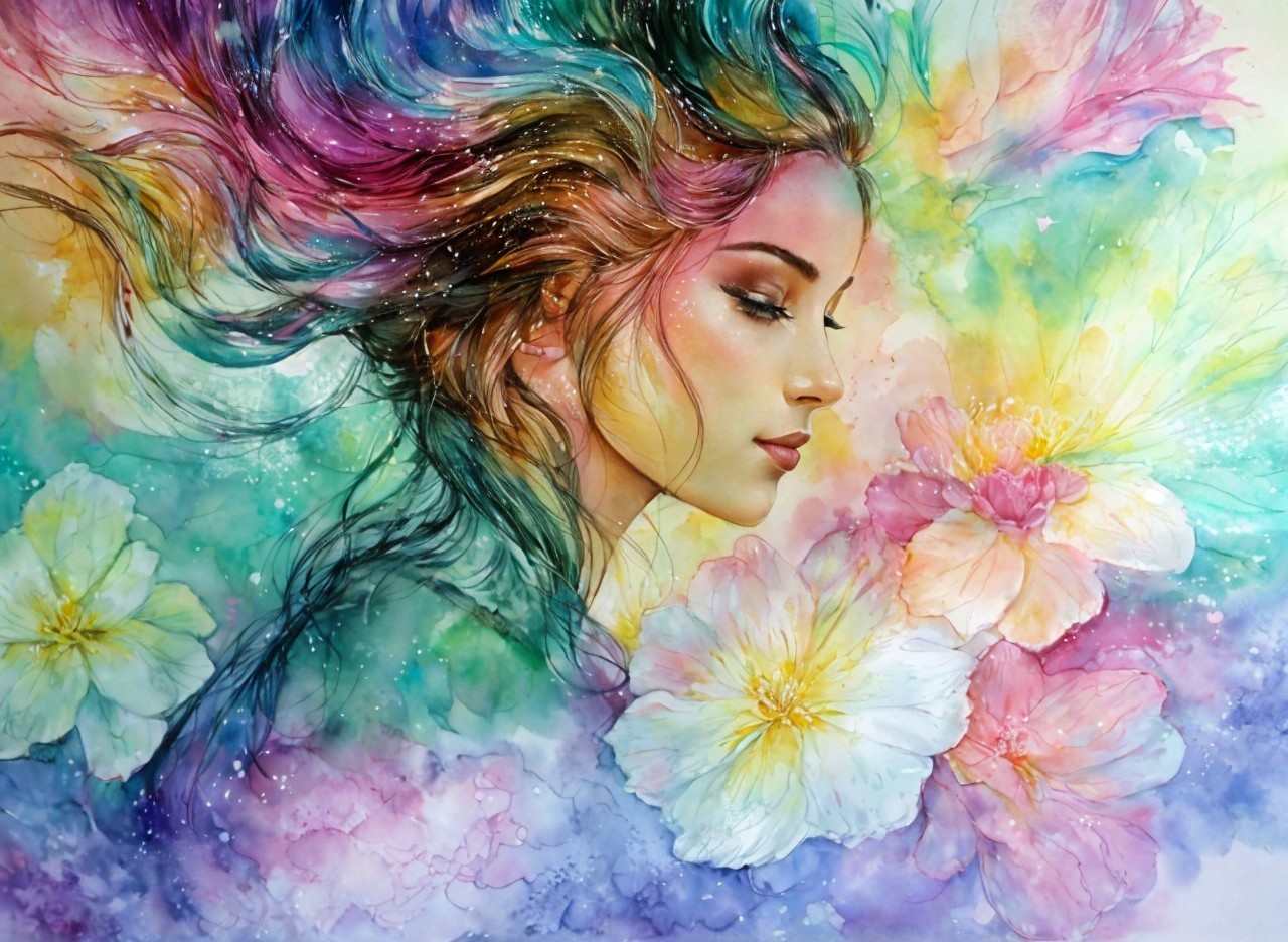 Dreamy Portrait of a Young Woman with Colorful Hair