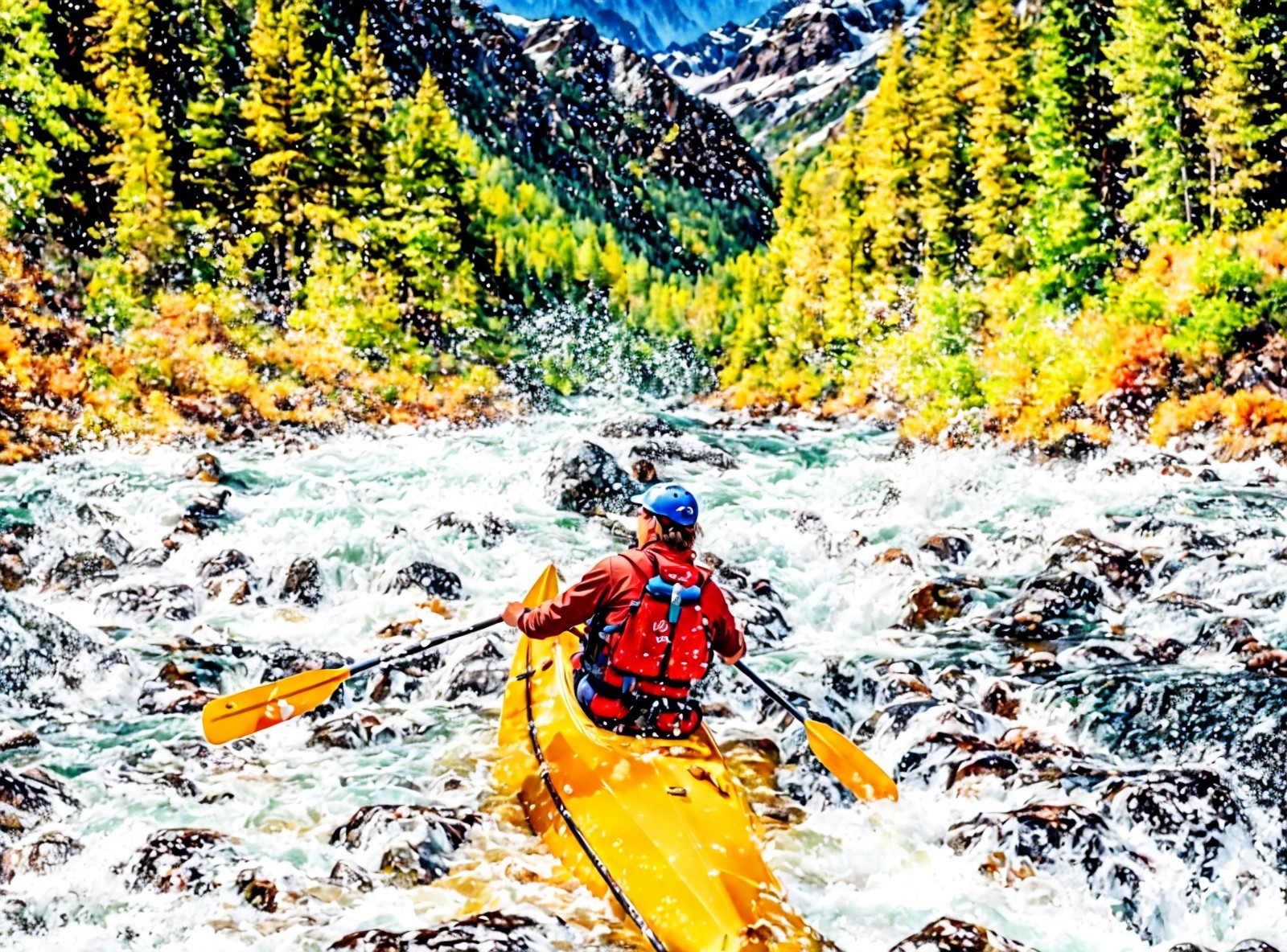 Kayaker on Swift River Surrounded by Lush Landscape