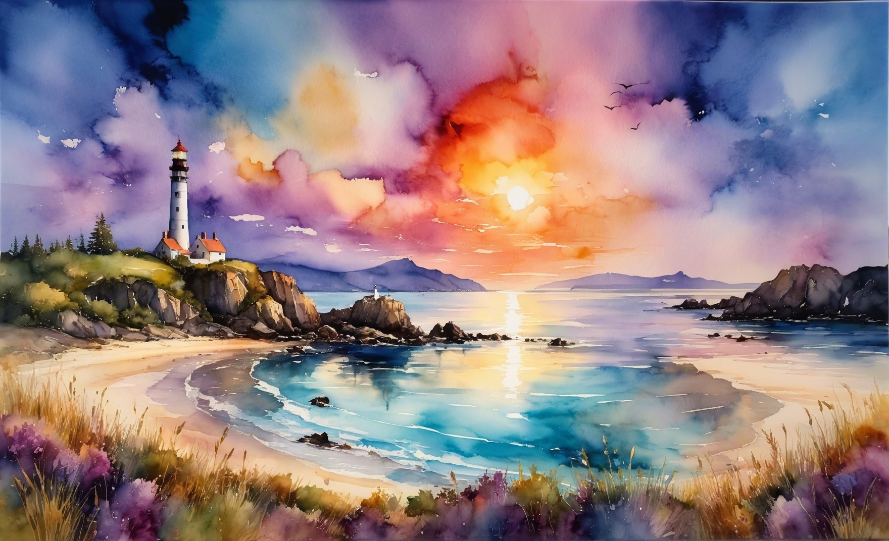 Coastal Landscape with Sunset and Lighthouse Details