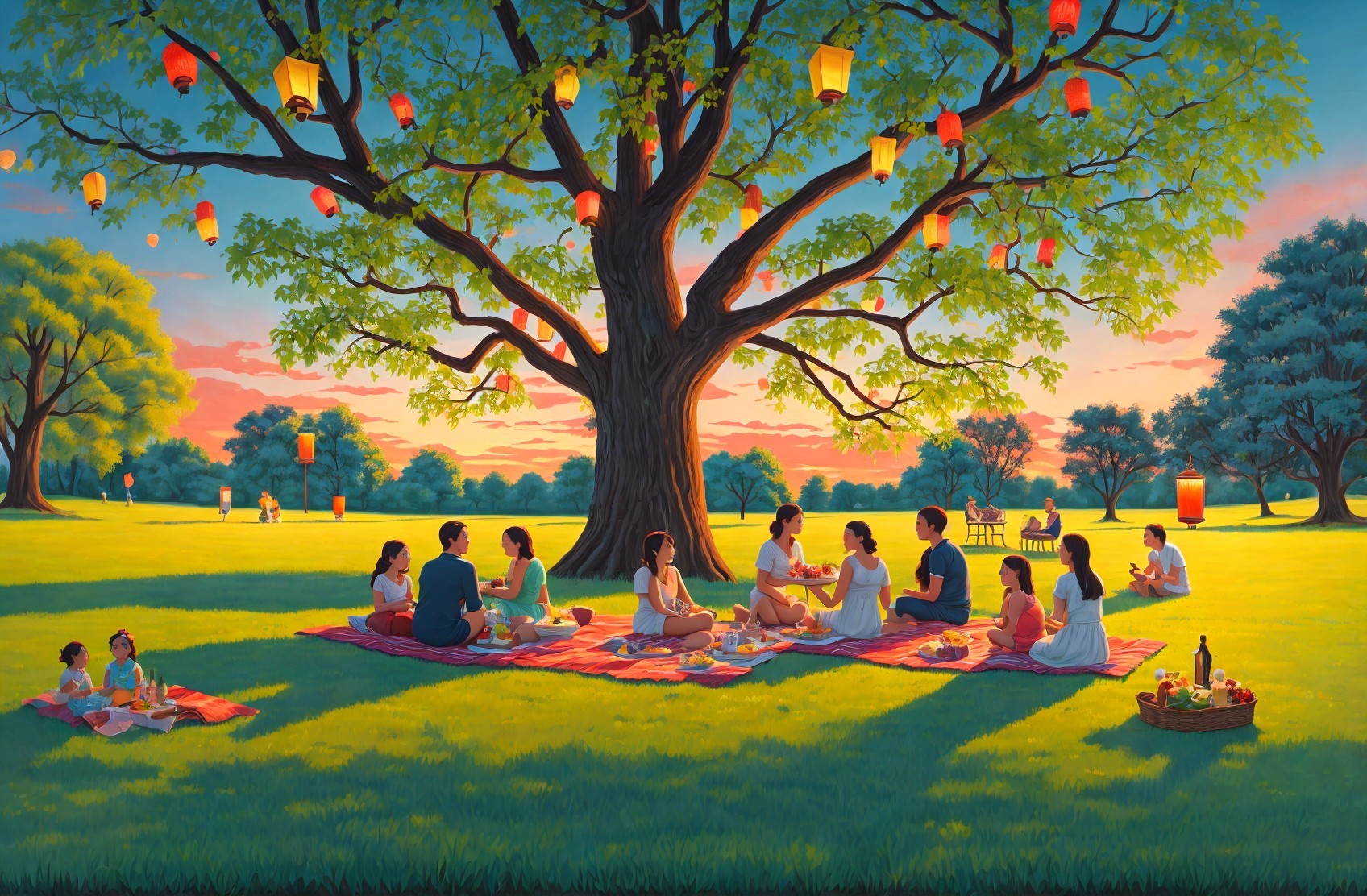 Vibrant Sunset Over a Serene Park Gathering