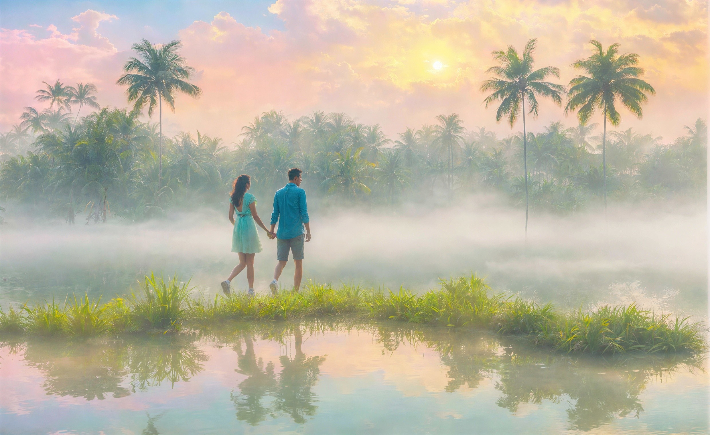 Serene Landscape of Couple Walking by Tranquil Water