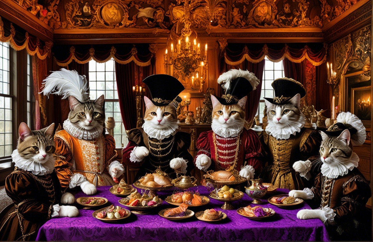 Whimsical Cats in Historical Attire at Lavish Banquet