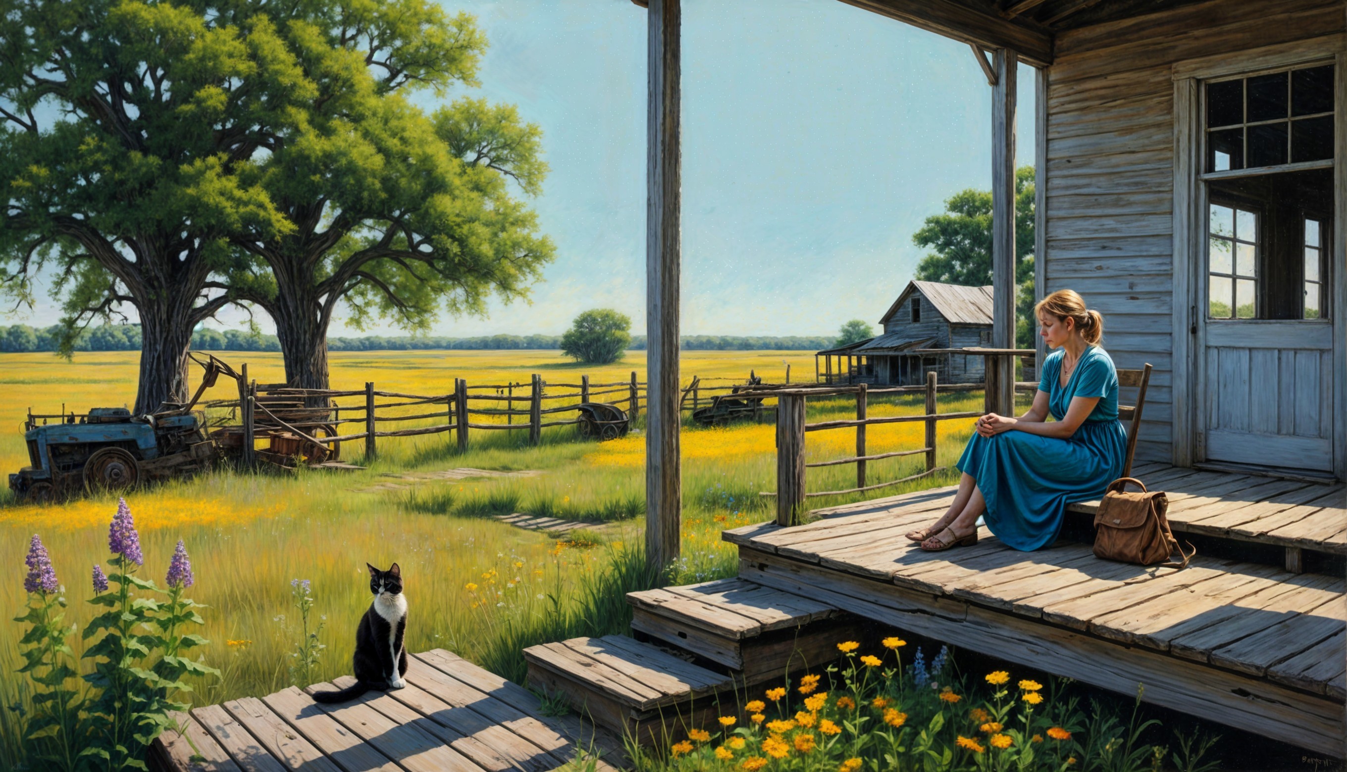 Serene Rural Scene with Woman and Cat on Porch