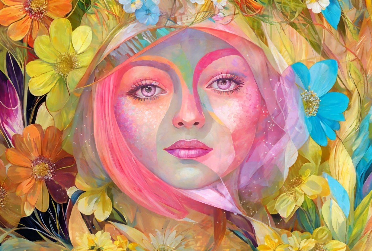 Colorful Artwork of Woman's Face with Flowers