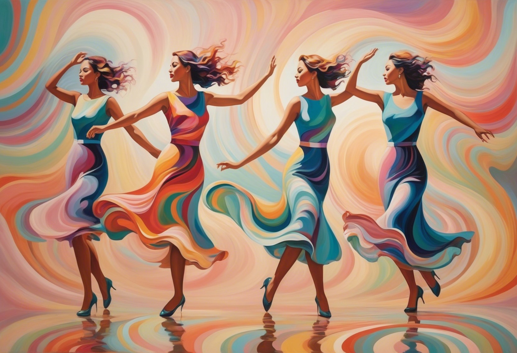Abstract Dance Illustration of Woman in Colorful Dresses