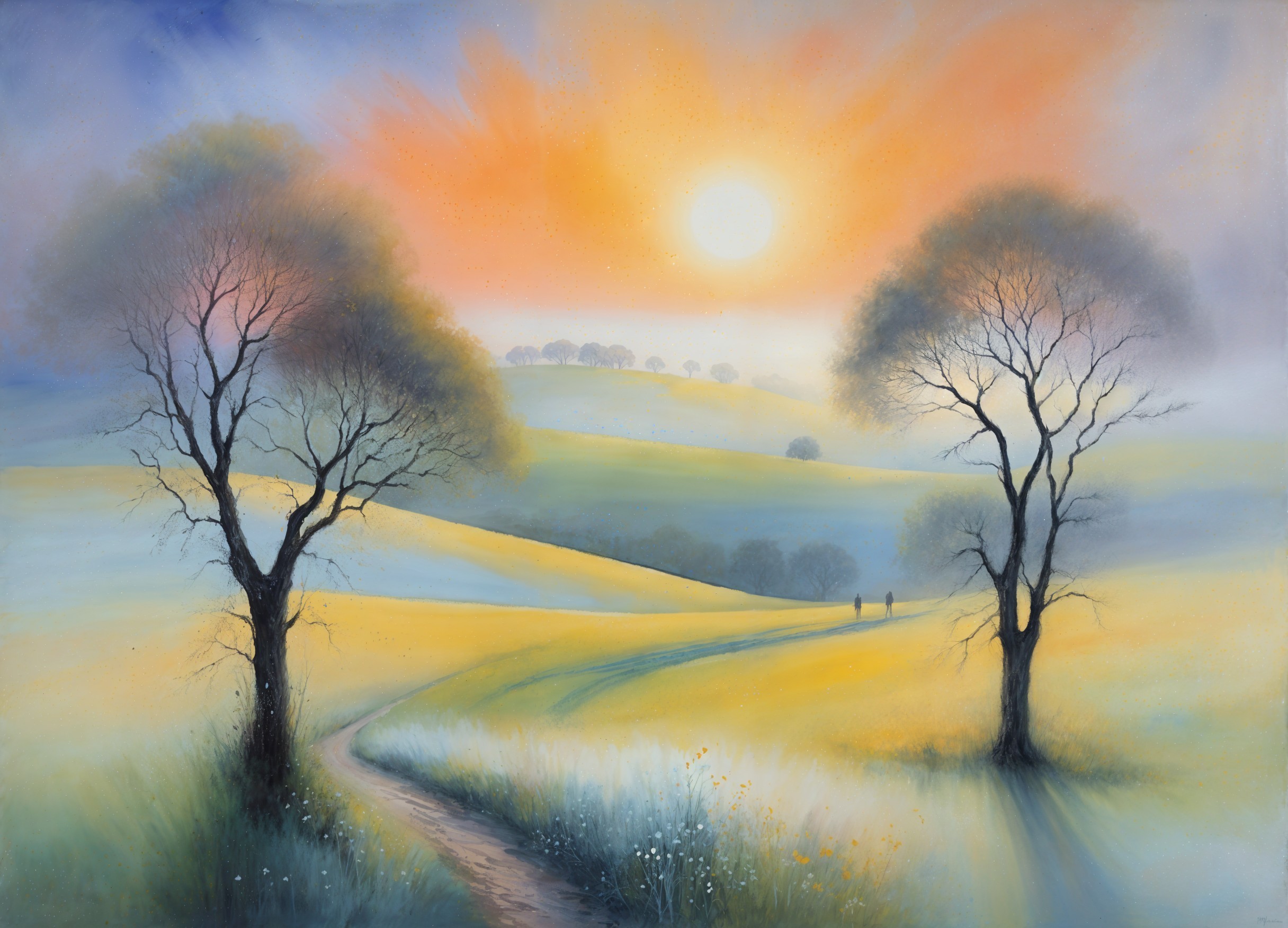 Serene Landscape with Rolling Hills and Leafless Trees