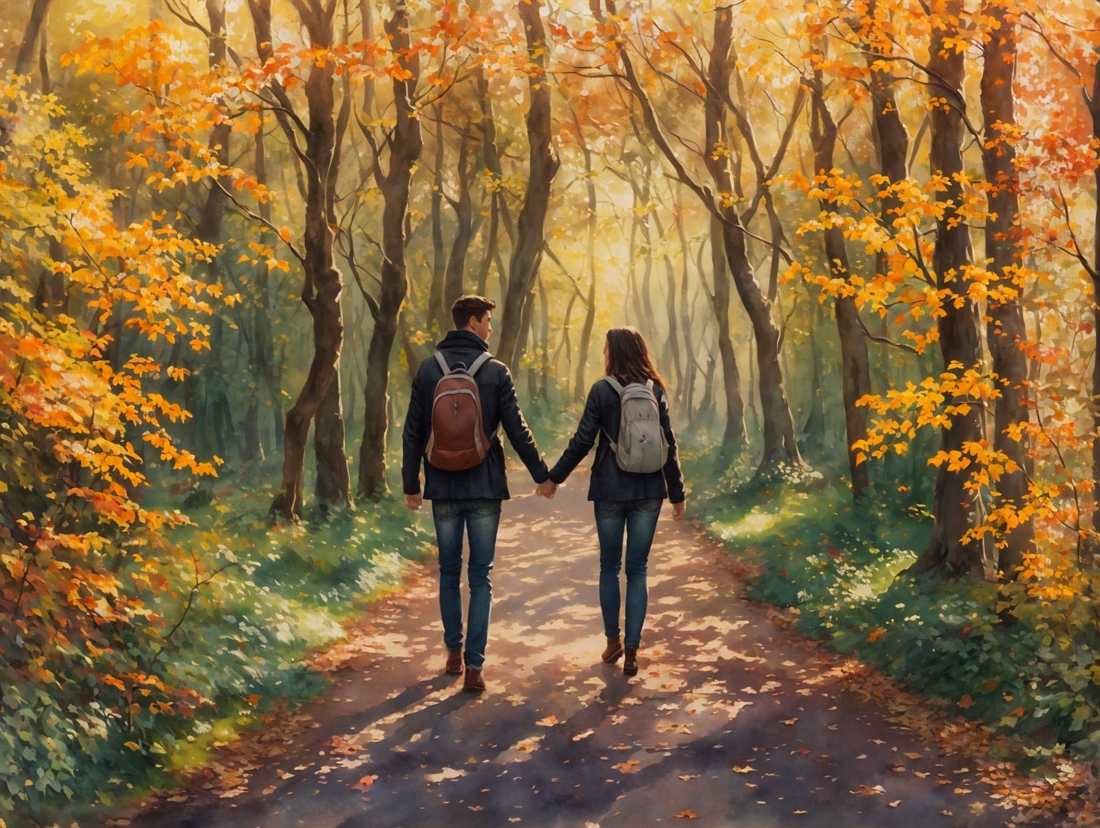 Couple Walking on Serene Forest Path in Autumn Foliage
