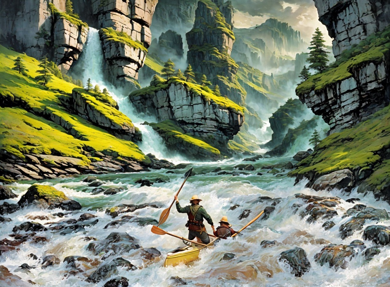Adventurers Kayaking Through Lush River Landscape