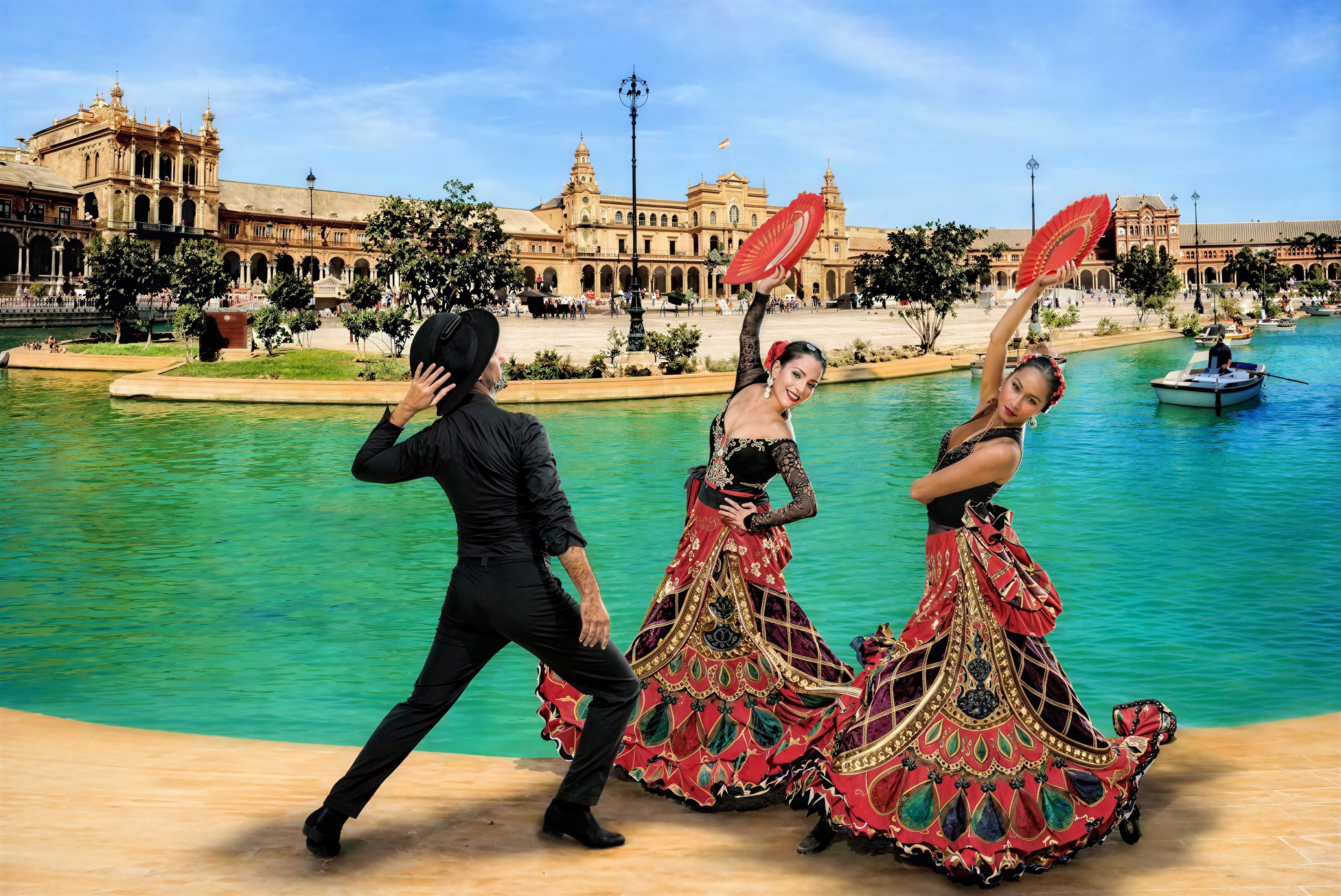 Flamenco Dancers on Stage with Palace and Pond Backdrop