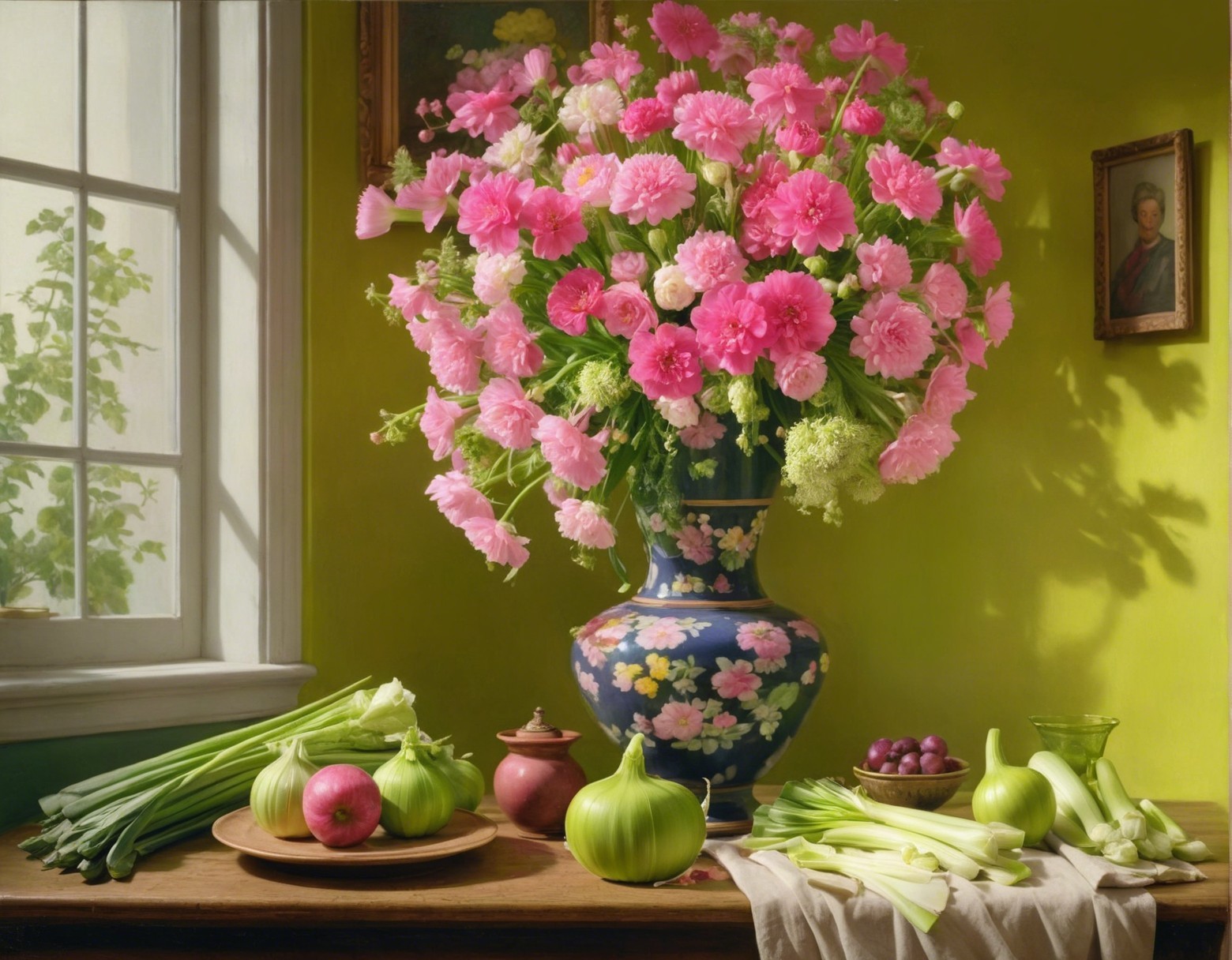Vibrant Still Life with Pink Carnations and Vegetables