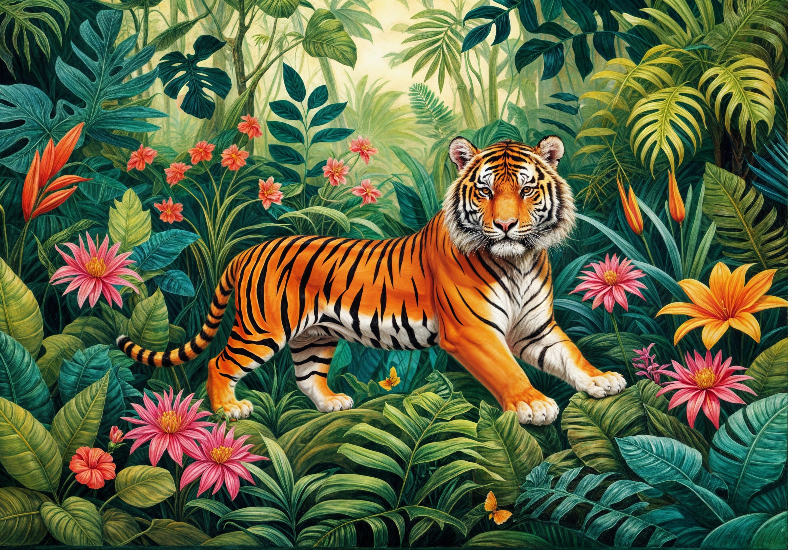 Majestic tiger in vibrant jungle with tropical flowers
