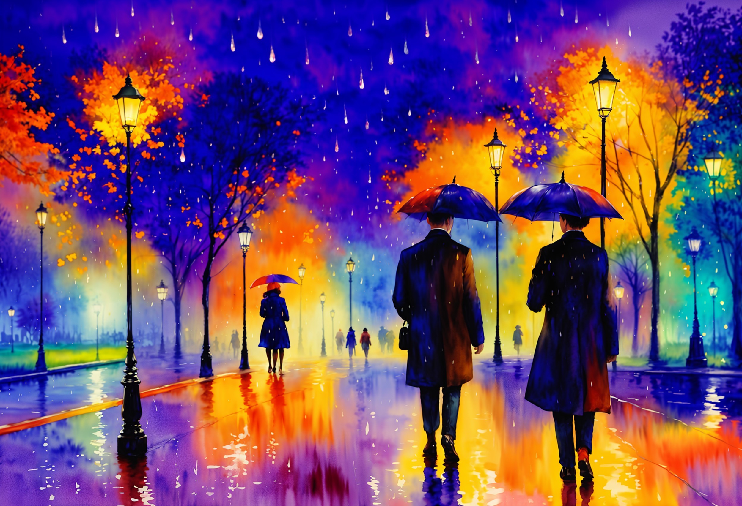 Vibrant Rain-Soaked Path with Glowing Streetlamps