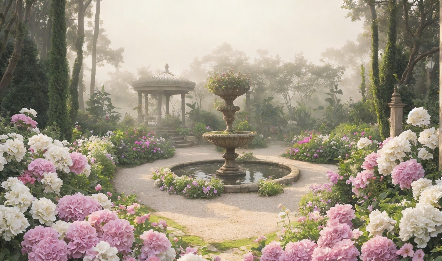 Ornamental Garden with Fountain and Gazebo in Mist