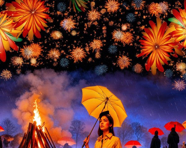 Woman with yellow umbrella in vibrant nighttime scene