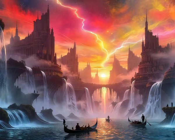 Fantastical city with waterfalls and glowing river at sunset